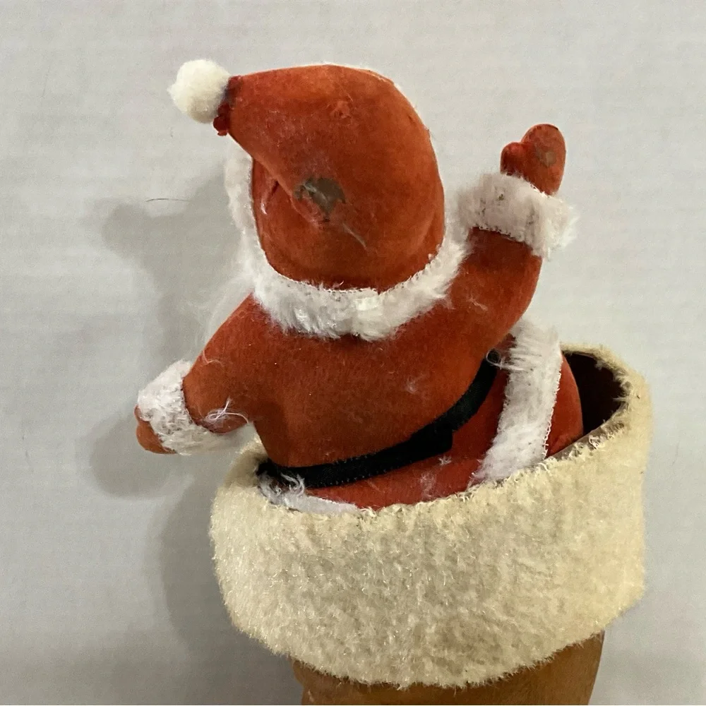 Vintage Christmas Flocked Santa in a Flocked Brown Boot MCM